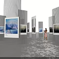 Modern Art Installation With Transparent Display Panels Landscape Paintings Woman Viewing And Vertical Decorations