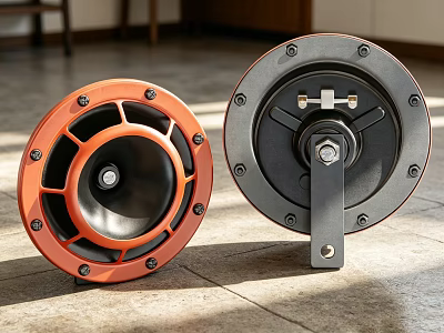 Two Audio Speakers One Orange Black And One Black Placed On Floor 3d model
