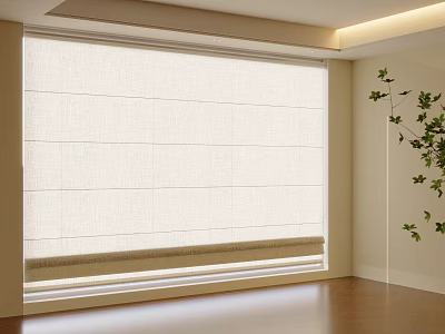 White Fabric Roller Curtain in Modern Room with Light Walls Wooden Floor and Green Plant 3d model