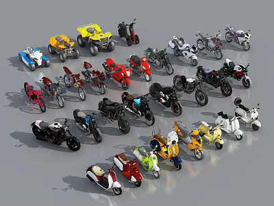 Various Types of Motorcycles Including Sports Bikes Scooters and Off Road Models 3d model
