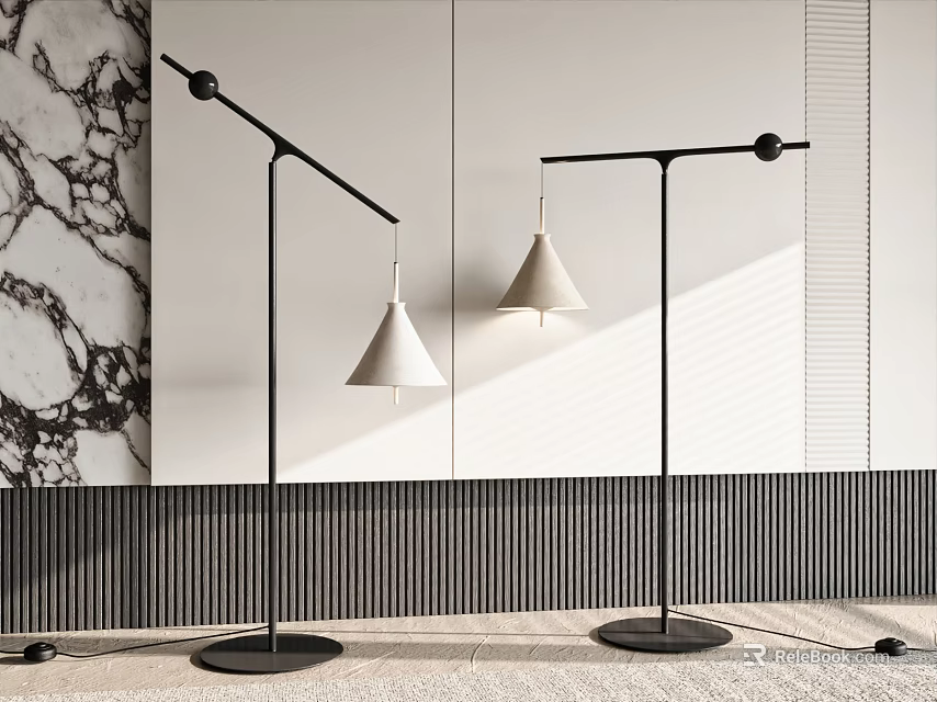Two Modern Floor Lamps With Black Metal Stand White Cone Shades In Minimalist Room 3d model 