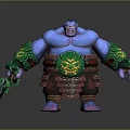 Towering Blue Skinned Warrior Creature With Green Ornamented Weapon Red Attire And Yellow Patterns