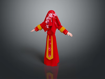 Traditional Red Robed Character With Yellow Floral Patterns On Gray Background 3d model