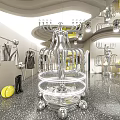Modern Clothing Store Interior With Rotating Racks Silver Decor Yellow Accents And Mirrored Floors