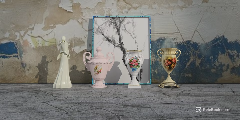 Decorative Ceramic Vases With Floral Patterns In Pastel Hues Against Weathered Wall Background 3d model 