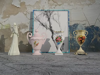 Decorative Ceramic Vases With Floral Patterns In Pastel Hues Against Weathered Wall Background 3d model