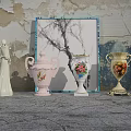Decorative Ceramic Vases With Floral Patterns In Pastel Hues Against Weathered Wall Background