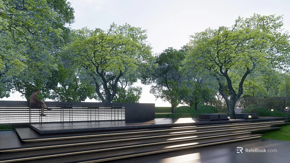 Lush Garden Landscape With Stone Steps Wooden Platform And Green Trees 3d model 