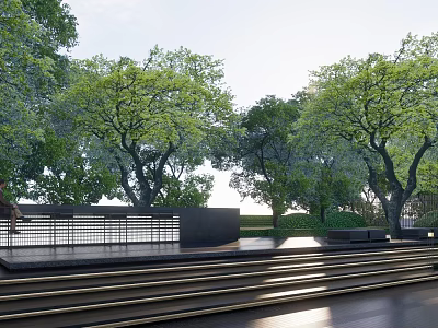 Lush Garden Landscape With Stone Steps Wooden Platform And Green Trees 3d model