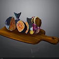 Wooden Cutting Board Display With Sliced Fish Decorative Bottle And Yellow Object