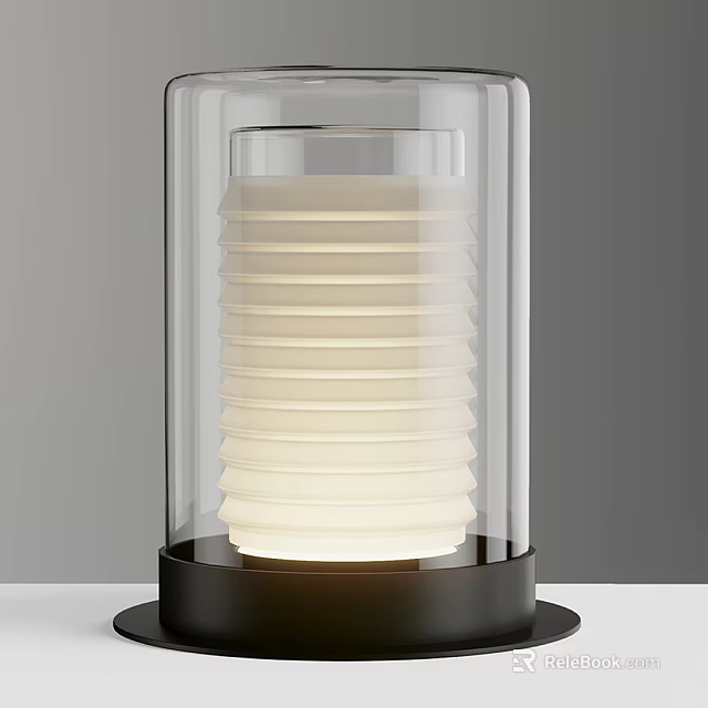 Modern Table Lamp With Transparent Glass Shade And White Ribbed Light Body And Black Base 3d model 