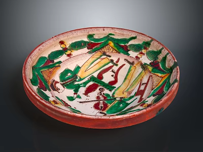 Handcrafted Ceramic Plate Featuring Colorful Sculpture Carving And Intricate Decorative Patterns 3d model