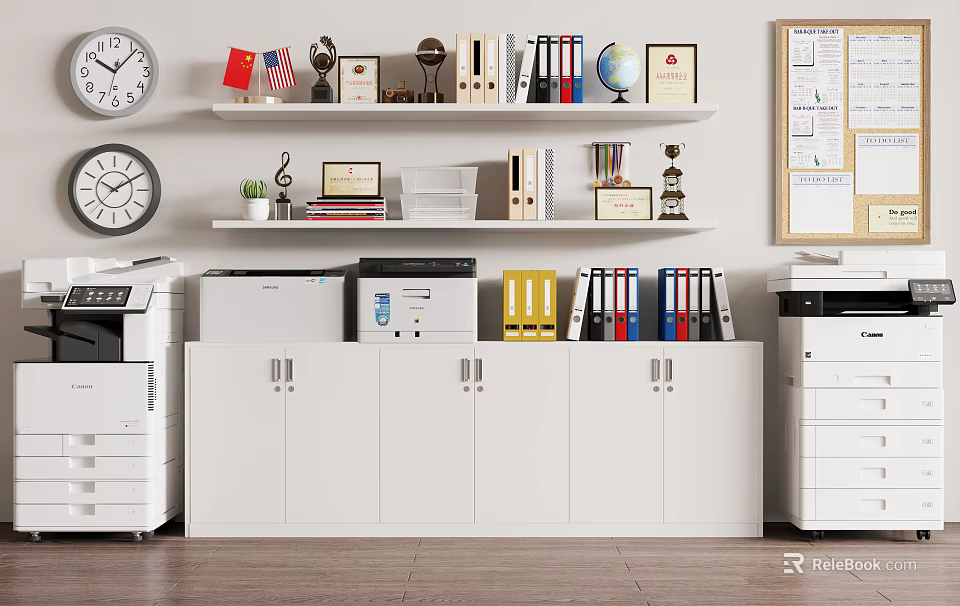White Bookcase With Multiple Shelves Displaying Books Folders Globe Trophy Clock And Small Potted Plant 3d model 