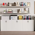 White Bookcase With Multiple Shelves Displaying Books Folders Globe Trophy Clock And Small Potted Plant