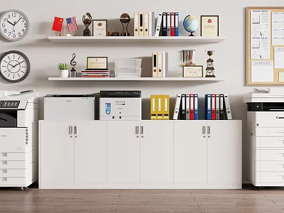 White Bookcase With Multiple Shelves Displaying Books Folders Globe Trophy Clock And Small Potted Plant 3d model