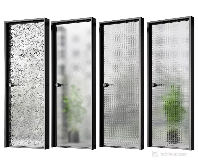 Modern Swing Doors With Various Glass Designs And Black Frames For Interior Spaces 3d model