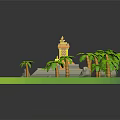 3D Cartoon Scene With Green Grass Platform Yellow Temple Stone Steps And Palm Trees
