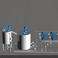 Industrial Equipment Configuration With Stainless Steel Tanks Blue Valves And Metal Conveyor System