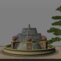 Garden Courtyard Design Featuring Tiered Fountain With Purple Flower Pots And Pine Tree