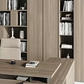Modern Wooden Office Desk With Computer Bookshelves Books And Decorative Items