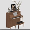 Wooden Piano with Framed Art Sheet Music Vase and Statue on Top and Stool