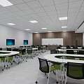 Modern School Meeting Room With Round Table Green Chairs Large Screens And Wooden Walls