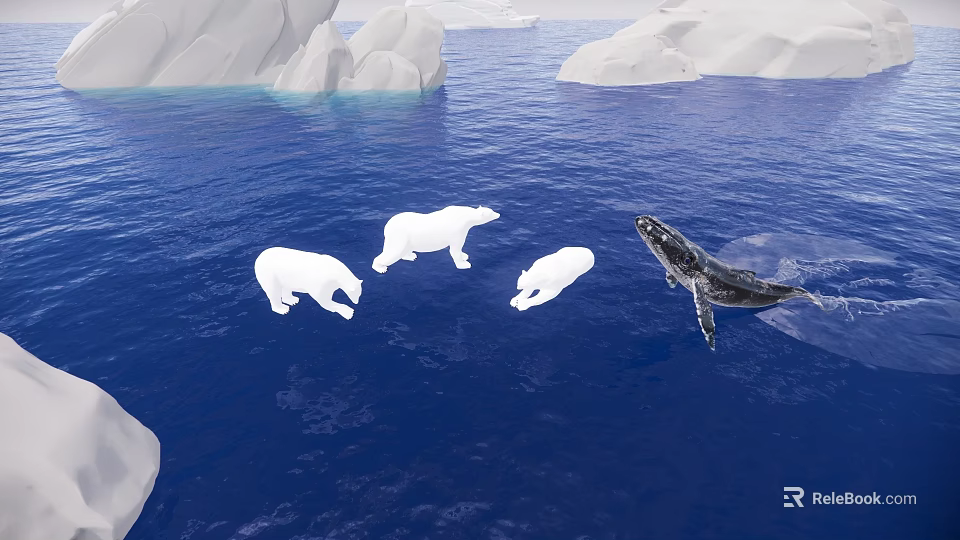 Sea Turtle Swimming Near Icebergs In Blue Ocean Water Habitat 3d model 