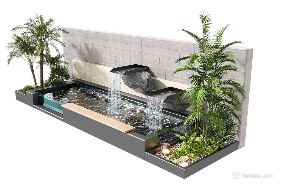 Modern Water Feature Wall with Waterfall Tropical Plants and Decorative Stone Tile 3d model 