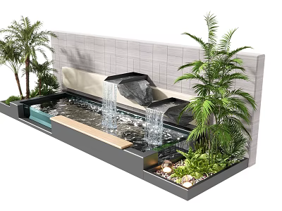 Modern Water Feature Wall with Waterfall Tropical Plants and Decorative Stone Tile 3d model