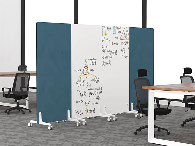Blue And White Mobile Office Room Divider With Writing Board Surface And Casters 3d model