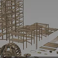 Wooden Construction Equipment With Multi layer Shelves Platforms Long Planks And Parts