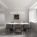 Modern Restaurant Interior With White Dining Table Gray Chairs Black Framed Painting And Pendant Lights