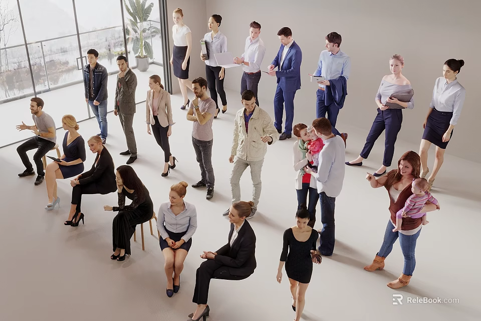 Diverse people standing and sitting in bright modern space with windows and potted plant 3d model 