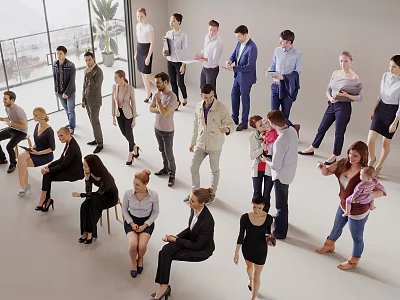 Diverse people standing and sitting in bright modern space with windows and potted plant 3d model