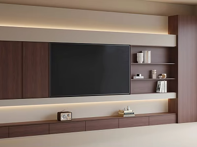 Modern Wooden TV Stand With Large Screen TV Open Shelves Drawers And Ambient Lighting 3d model