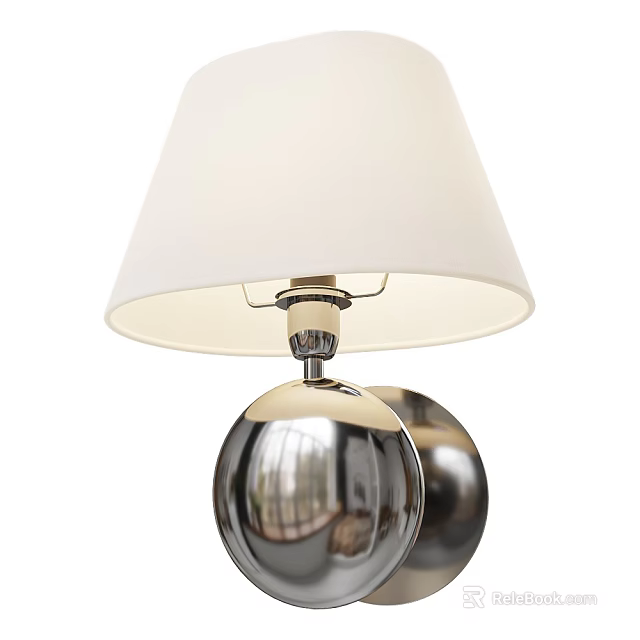 Modern Polished Metal Wall Lamp with White Fabric Lampshade and Reflective Base 3d model 