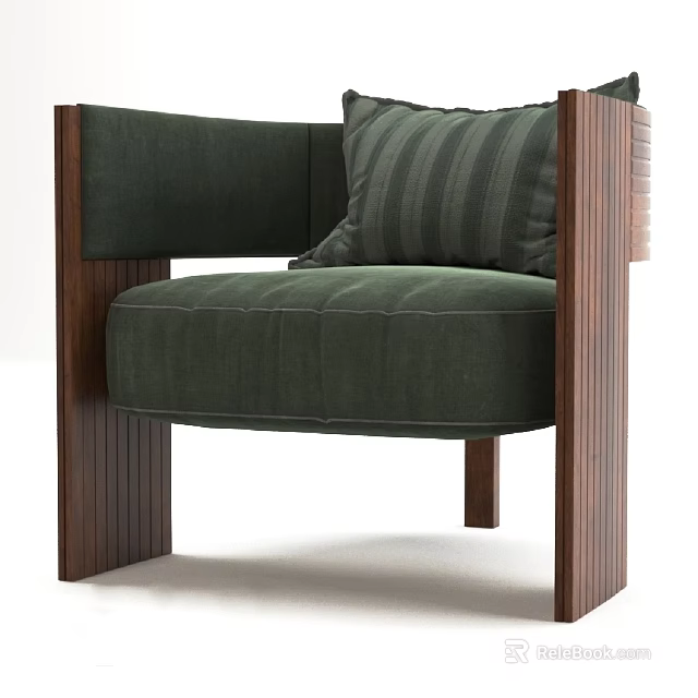 Modern Public Chair With Dark Green Upholstery And Wooden Frame Striped Cushion 3d model 