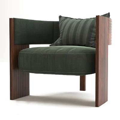 Modern Public Chair With Dark Green Upholstery And Wooden Frame Striped Cushion 3d model