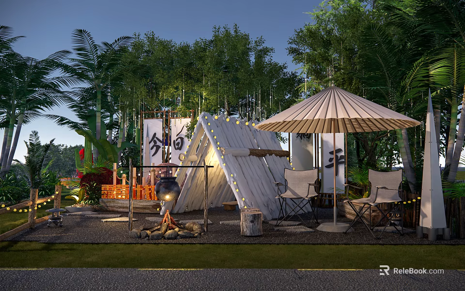 Garden Landscape with Tent Campfire Parasol Chairs and Lush Green Plants 3d model 