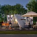 Garden Landscape with Tent Campfire Parasol Chairs and Lush Green Plants