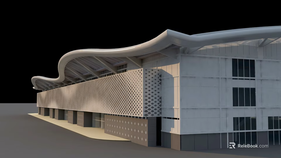 Modern Building Exterior With Curved Roof White Walls Perforated Facade And Glass Windows 3d model 