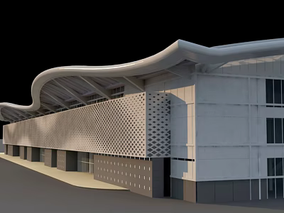 Modern Building Exterior With Curved Roof White Walls Perforated Facade And Glass Windows 3d model