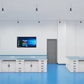 Industrial Workshop Interior With Blue Floor White Workbench Blue Shelves And Yellow Crane