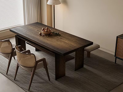 Modern Wooden Dining Table With Woven Chairs Floor Lamp And Fruit Bowl On Rug 3d model