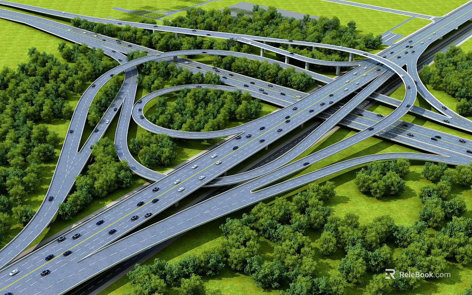 Highway Interchange with Multiple Intertwined Roads Surrounded by Green Trees and Grasslands 3d model 