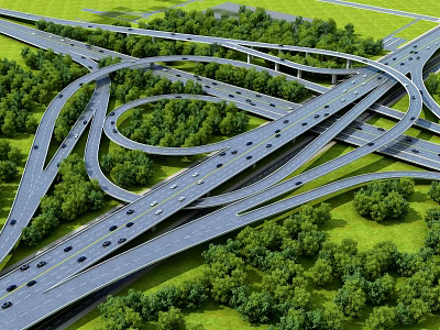 Highway Interchange with Multiple Intertwined Roads Surrounded by Green Trees and Grasslands 3d model