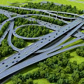 Highway Interchange with Multiple Intertwined Roads Surrounded by Green Trees and Grasslands 3d model