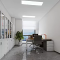 Modern Office Interior With White Glass Cabinets Green Plant Desk Computer And Mountain View