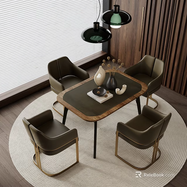 Elegant Modern Round Table and Chair Set With Decorative Items Wooden Wall and Pendant Light 3d model 