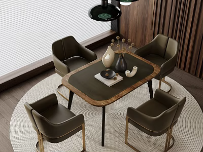 Elegant Modern Round Table and Chair Set With Decorative Items Wooden Wall and Pendant Light 3d model
